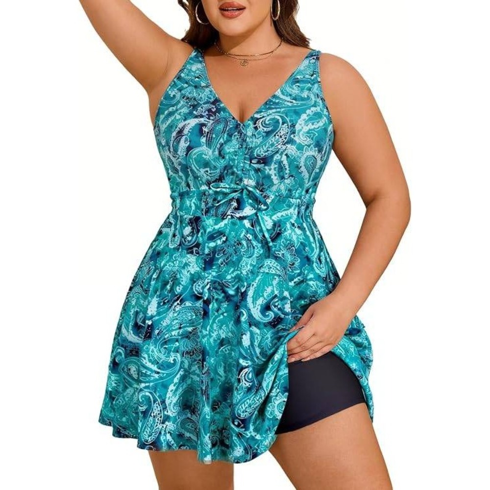 Arolina Plus Size Swimdress Teal Paisley Tummy Control Tankini Set 16W NEW
